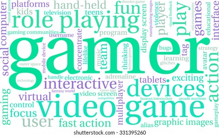 Gamer word cloud on a white background. 