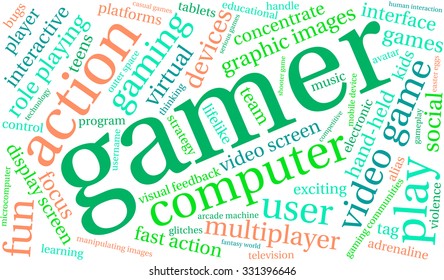 Gamer word cloud on a white background. 