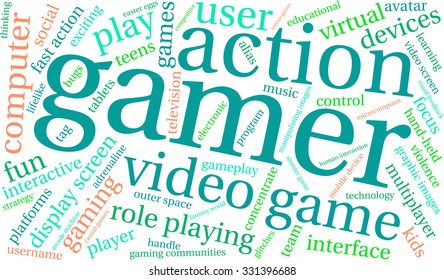 Gamer word cloud on a white background. 