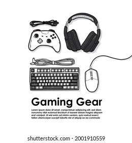 gamer work space concept, top view a gaming gear, mouse, keyboard, joystick, headset on white background