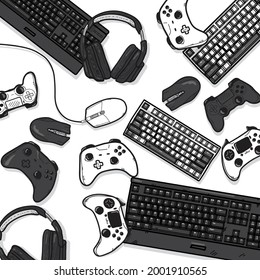 gamer work space concept, top view a gaming gear, mouse, keyboard, joystick, headset on white background