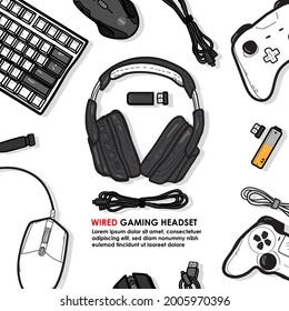 gamer work space concept, top view a gaming gear, mouse, keyboard, joystick, headset on white background