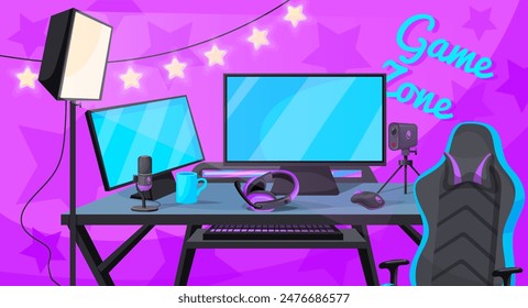 Gamer workplace. Game blogger streamer table in home room, gaming setup communication streaming equipment for player desk computer headphones camera chair, neat vector illustration