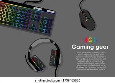 concepto de espacio de trabajo de gamer, vista superior de un equipo de juego, ratón, teclado, joystick, auriculares, joystick móvil, en auriculares auriculares y almohadillas de ratón sobre fondo de mesa negro con espacio de copia.