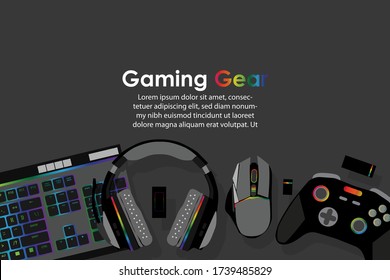 gamer workspace concept, top view a gaming gear, mouse, keyboard, joystick, headset, mobile joystick, in ear headphone and mouse pad on black table background with copy space.