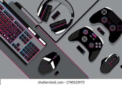 gamer workspace concept, top view a gaming gear, mouse, keyboard, joystick, headset, mobile joystick, in ear headphone and mouse pad on black table background with copy space.