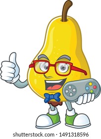 Gamer yellow pear cartoon character on white background