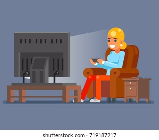 Gamer Young Girl Watching TV Playing Game Sit Armchair Cartoon Character Flat Design Vector Illustration