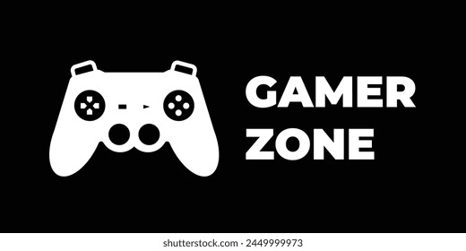 Gamer zone white sign age icon illustration isolated on horizontal black background. Simple flat sign drawing for prints.