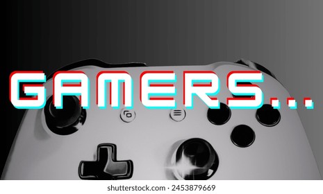 Anuncio o póster de los jugadores con consola y texto defectuoso.