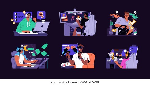 Gamers at computers, gaming set. People playing video games online, streaming. Videogame players, adult men, women in headsets and controllers at PC. Isolated flat graphic vector illustrations