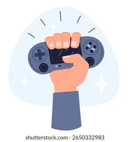 A mão dos jogadores segura o gamepad. Joystick para vídeo games. Tecnologia de jogos garantida. Controlador de elevação do braço. Reproduzindo console. Joypad com tela e botões. Controle de arcade