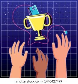 gamers hands playing with control and trophy