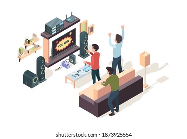 Gamers isometric. Game developer testing playing on console nerd persons in action pose sitting on sofa watching on monitors screen garish vector