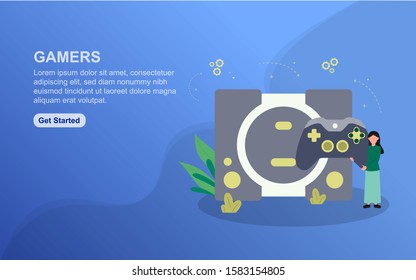 Gamers landing page template. Flat design concept of web page design for website.