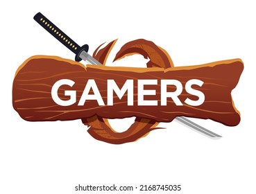 Gamers logo templates with wood texture emblem and sword on white background, Design element for logo, poster, card, banner, emblem, t shirt. Vector illustration.