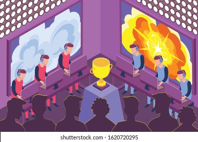 Gamers participating in esport competition audience and golden trophy in middle of hall 3d isometric vector illustration