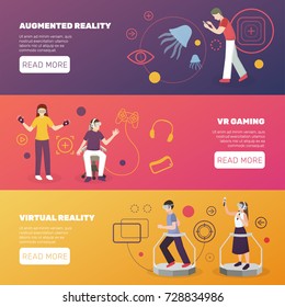 Gamers people flat horizontal banners set with image compositions of playing teenagers with read more button vector illustration