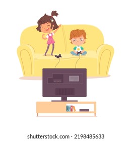 Gamers play video game at home vector illustration. Cartoon two friends or brother and sister playing console games together, happy girl and angry boy siting on sofa with entertainment controllers