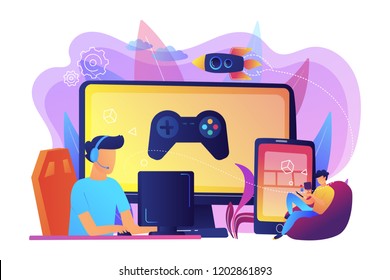 Gamers play video game on different hardware platforms. Cross-platform play, cross-play and cross-platform gaming concept on white background. Bright vibrant violet vector isolated illustration