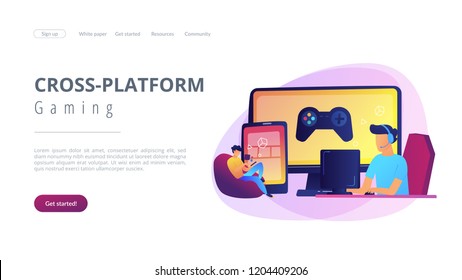 Gamers play video game on different hardware platforms. Cross-platform play, cross-play and cross-platform gaming concept on white background. Website vibrant violet landing web page template.