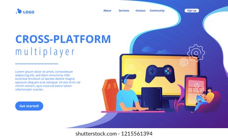 Gamers play video game on different hardware platforms. Cross-platform play, cross-play and cross-platform gaming concept on white background. Website vibrant violet landing web page template.