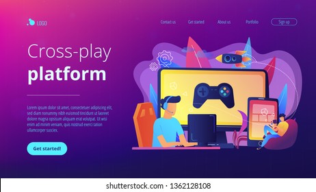Gamers play video game on different hardware platforms. Cross-platform play, cross-play and cross-platform gaming concept on white background. Website vibrant violet landing web page template.