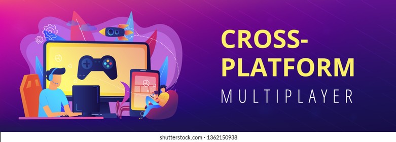 Gamers play video game on different hardware platforms. Cross-platform play, cross-play and cross-platform gaming concept on white background. Header or footer banner template with copy space.