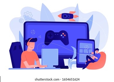 Gamers play video game on different hardware platforms. Cross-platform play, cross-play and cross-platform gaming concept on white background. Pinkish coral bluevector isolated illustration