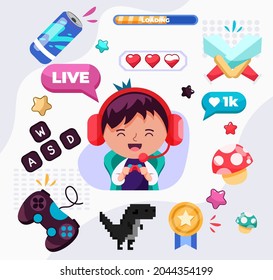 Gamers play video game online on different hardware platforms. Influencers in the video game world, livestream, invasion of the boss. Vector flat illustration
