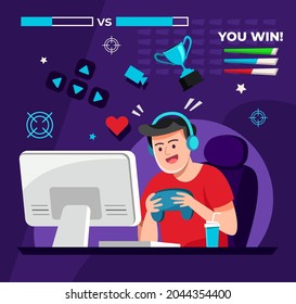 Gamers play video game online on different hardware platforms. Influencers in the video game world, livestream, invasion of the boss. Vector flat illustration