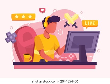 Gamers play video game online on different hardware platforms. Influencers in the video game world, livestream, invasion of the boss. Vector flat illustration