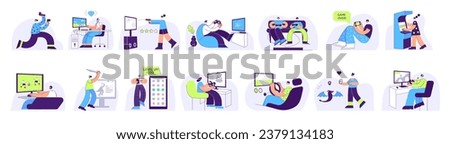 Gamers play video games. Arcade, VR, computer and gaming console game players flat vector illustration set of console gamer, vr arcade play