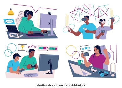 Gamers playing computer games, console games, mobile phones, virtual reality, vector illustration compositions set, characters chatting online with friends and streaming games. Flat cartoon style