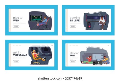 Juego de plantillas de la página de inicio de juegos de equipo para jugadores. Los Caracteres Adolescentes Llevan Auriculares Sentados en Equipos y Computadoras Profesionales. Cyber Torneo, Diversión Doméstica. Ilustración de vectores de personas de caricatura