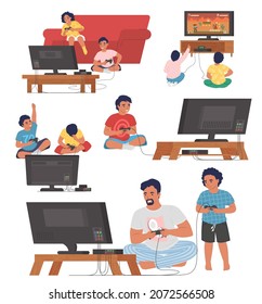 Gamers playing console video games, flat vector illustration. Father with son, friends boys and girls playing games on tv with controllers. Video gaming technologies. Leisure time.