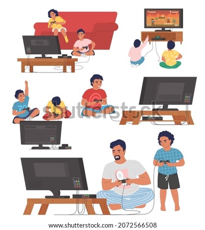 Gamers playing console video games, flat vector illustration. Father with son, friends boys and girls playing games on tv with controllers. Video gaming technologies. Leisure time.