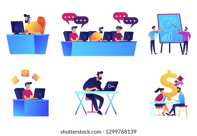 Gamers playing and developers vector illustrations set. Gamers playing video games, freelancer and developer, business analysts concept. Vector illustrations set isolated on white background.