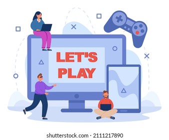 Gamers playing games with different devices and cross platform. Tiny people using mobile phone, tablet and laptop, VR glasses and console flat vector illustration. Entertainment, technology concept