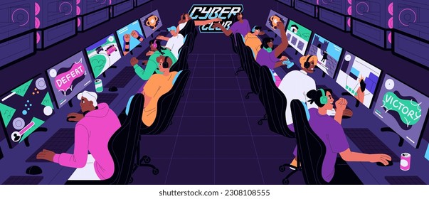 Gamers playing video games at computer in gaming, cybersport club. Videogame players sitting in headsets at PC monitors at cyber cafe. People group at online tournament. Flat vector illustration