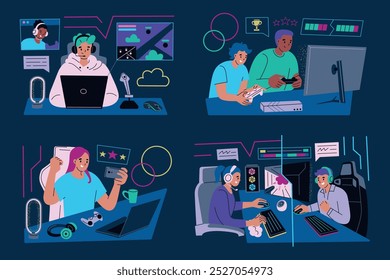 Gamers playing video games and streaming. Flat cartoon style with doodle icons of consoles, computers, controllers. Online gaming and teamwork. Esports, technology projects, gamer room setups