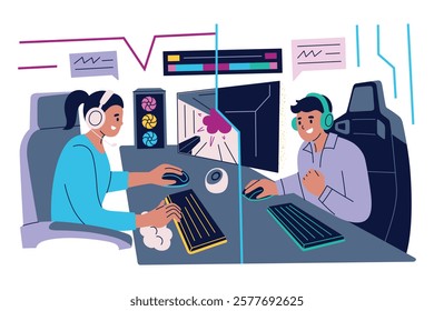 Gamers playing video games together with headsets and PCs. Man and woman communicationg online. Fun teamwork vector illustration, esports competition. Gamer and streamer setup in flat cartoon style