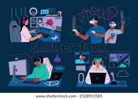 Gamers playing video games, VR and streaming. Flat cartoon style, characters with consoles, computers, game controllers. Online gaming, virtual reality and teamwork. Esports, gamer room setups