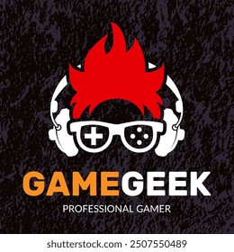 gamers poster. identity design placard with head of geek and stylized gamepad vector template