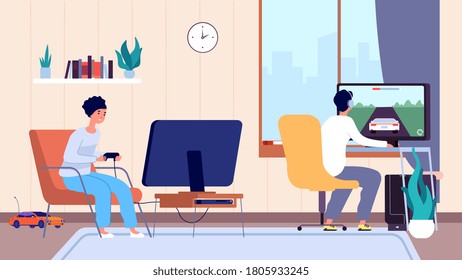 Gamers at room. Couple play video games, digital entertainment addiction. Stay home, man woman spend time fun vector illustration