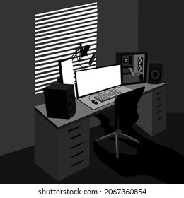 Gamer's room. Video game station. Desktop with gamer's equipment. Room of video game streamer. Monochrome. Vector flat concept.