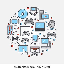 Gamers round illustration. Vector colorful gamer symbol made with gaming icons. Flat with video game consoles and videogames sign