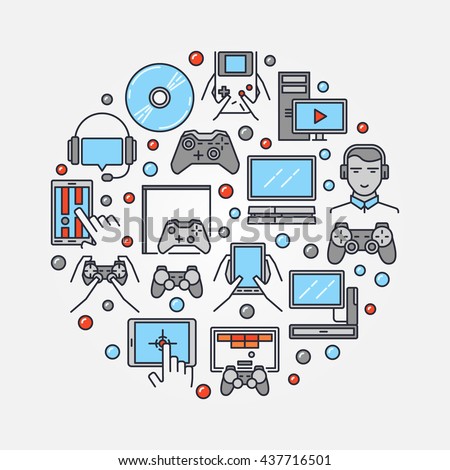 Gamers round illustration. Vector colorful gamer symbol made with gaming icons. Flat with video game consoles and videogames sign