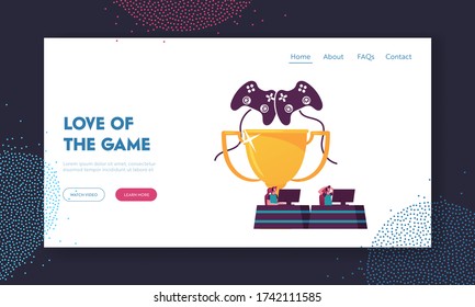 Gamers Sitting at Computers Playing Games during Cybersport Tournament Landing Page Template. Tiny Male Characters in Headset at Huge Golden Trophy Cup and Joystick. Cartoon People Vector Illustration
