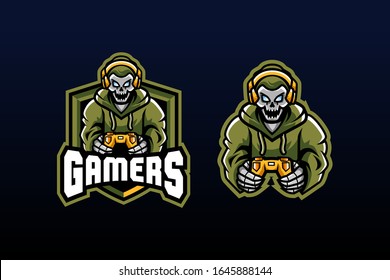 gamers with skull heads holding xbox controllers wearing hoodies and headphones on their heads look happy suitable for team logo or esport logo  and mascot logo, or tshirt design